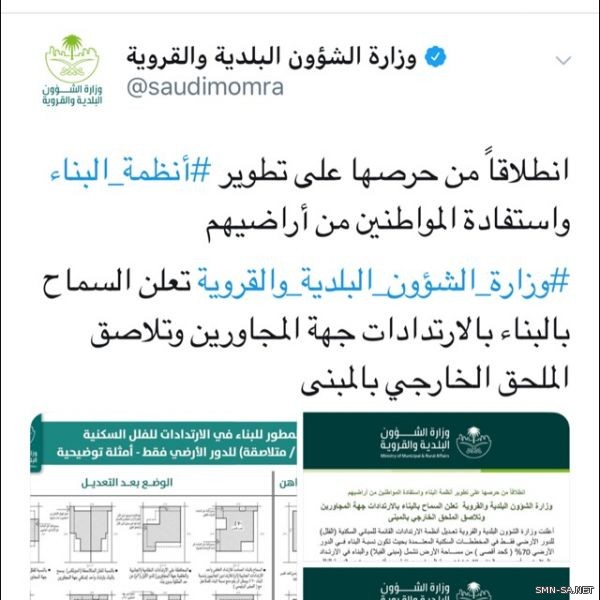 الشؤون البلدية والقروية : تسمح بالبناء بالارتدادات جهة المجاورين وتلاصق الملحق الخارجي بالمبنى