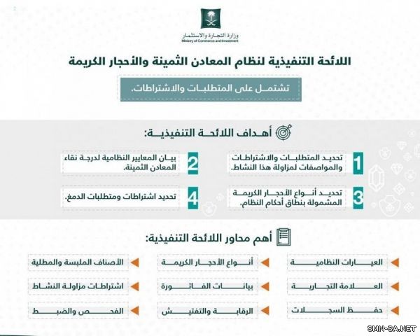 "التجارة والاستثمار" تصدر اللائحة التنفيذية لنظام المعادن الثمينة والأحجار الكريمة