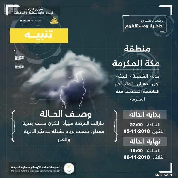 الأرصاد تنبه عن هطول أمطار رعدية على محافظات منطقة مكة المكرمة