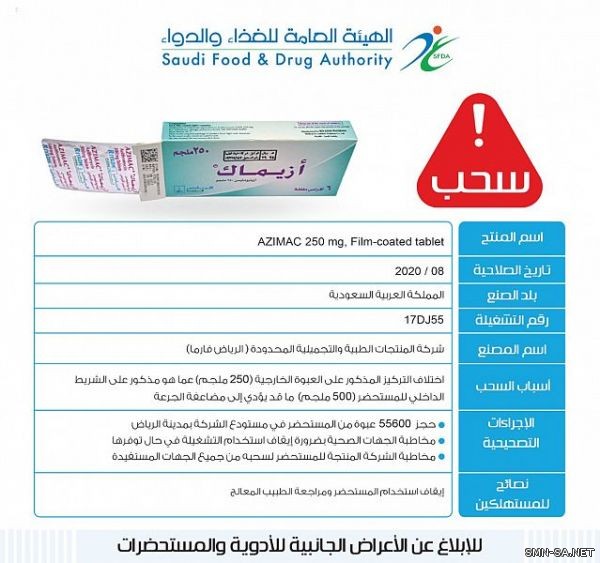 الغذاء والدواء: توقف استخدام تشغيلة من مستحضر AZIMAC 250 mg