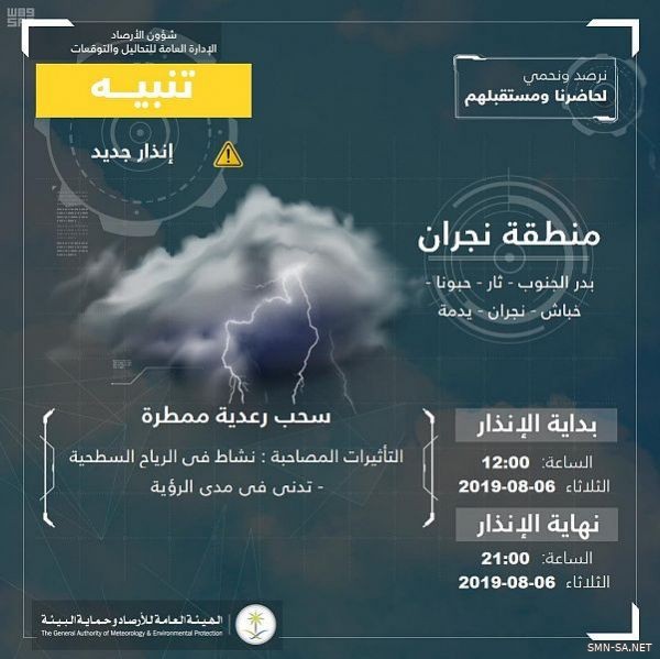 الأرصاد تنبّه من سحب رعدية ممطرة على نجران