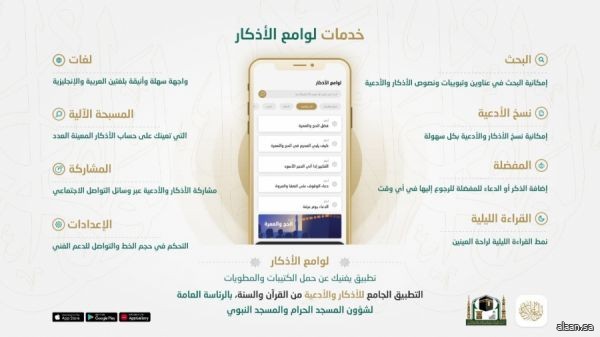 تطبيق "لوامع الأذكار" لضيوف الرحمن وقاصدي الحرمين الشريفين